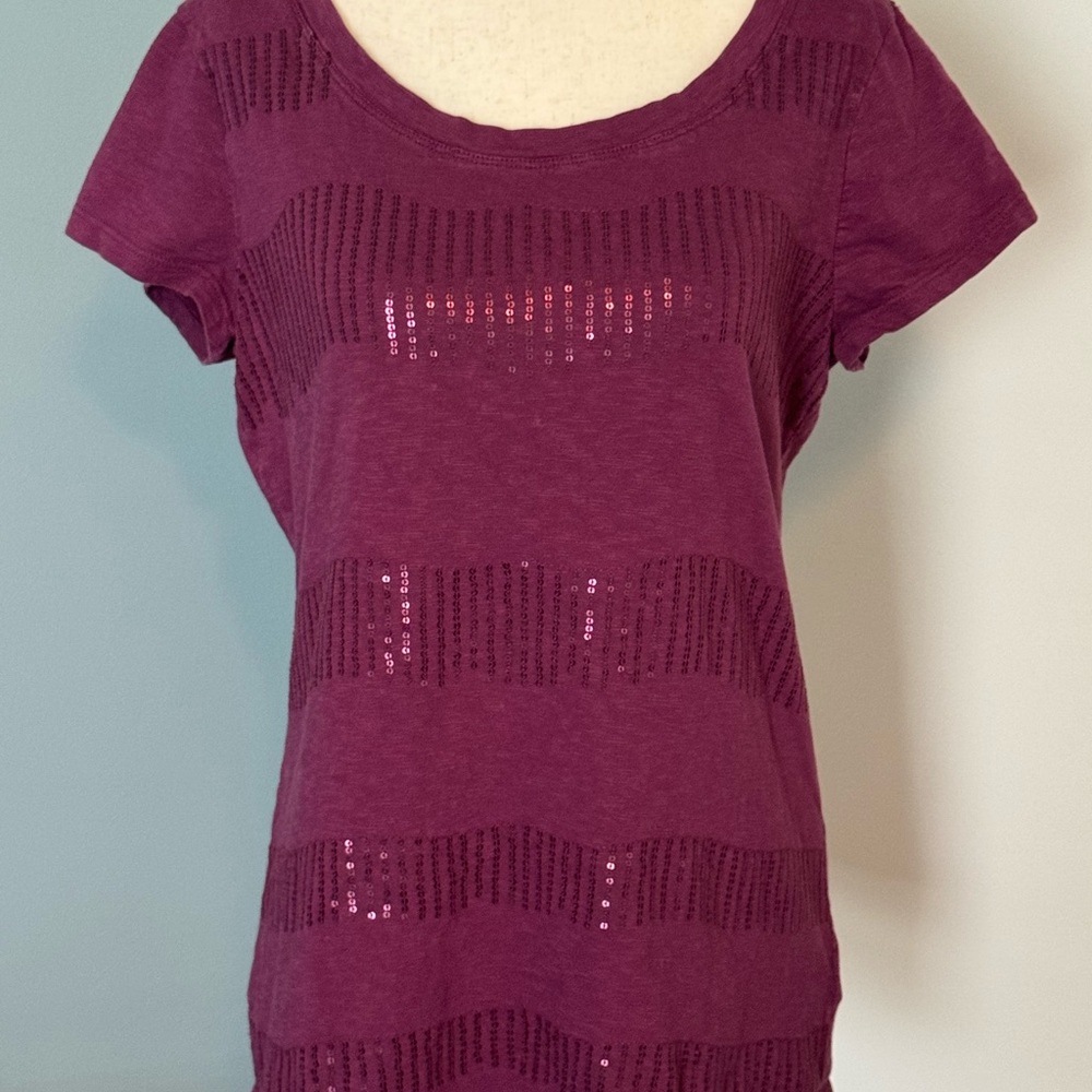 Coldwater Creek Rich Maroon Sequin Short Sleeve Top